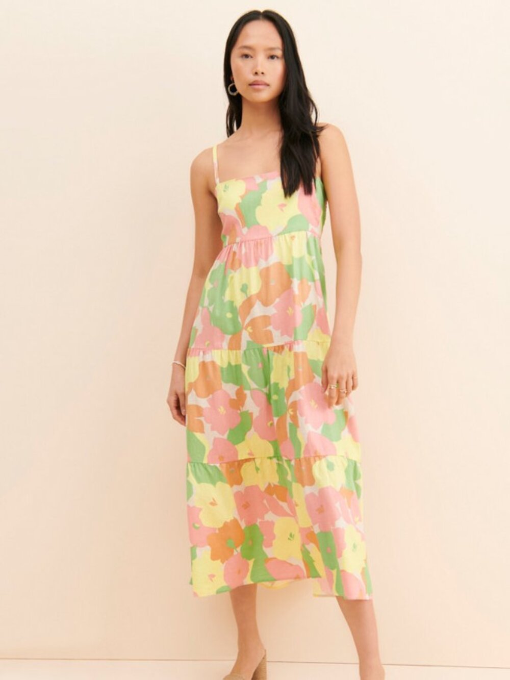 SANCTUARY Getaway Floral Smocked Back Spaghetti Strap Tiered Midi Dress size XS